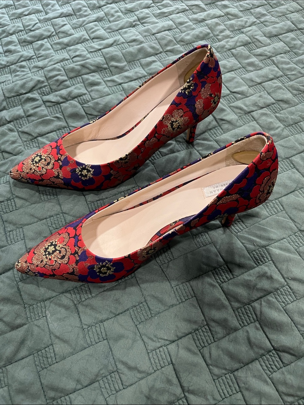 Cole Haan Red & Purple Floral Brocade Pointed-Toe Pumps with Gold Accents